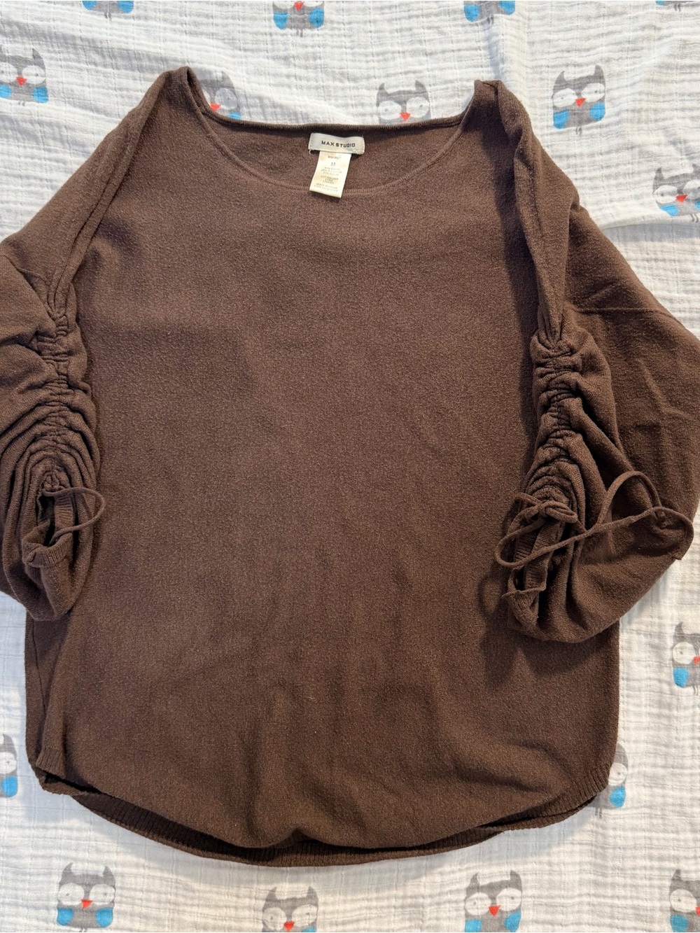 Max Studio Brown Ruched Drawstring Sleeve Top – Size M - Picture 5 of 7